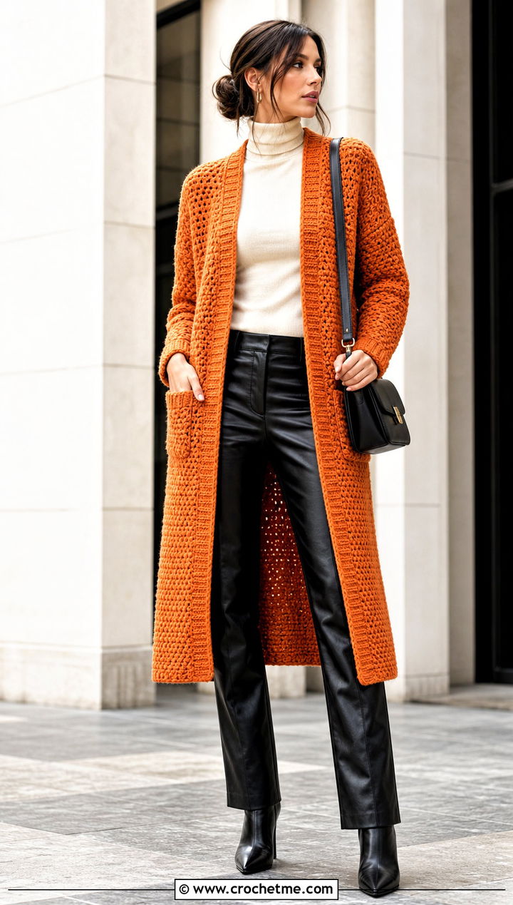 Longline Grandpa Crochet Cardigan With Leather Pants - 20 grandpa crochet cardigan outfit ideas