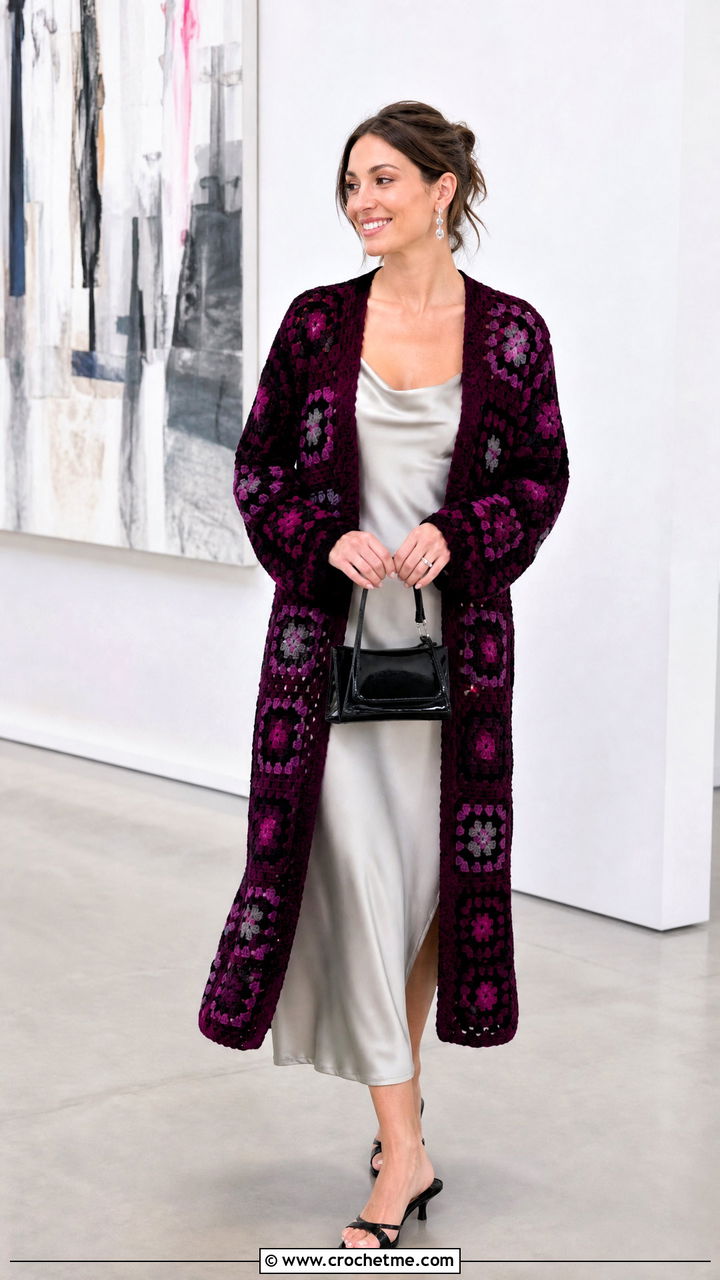 Longline Granny Cardigan With Satin Slip Dress - 35 crochet granny cardigan outfit ideas