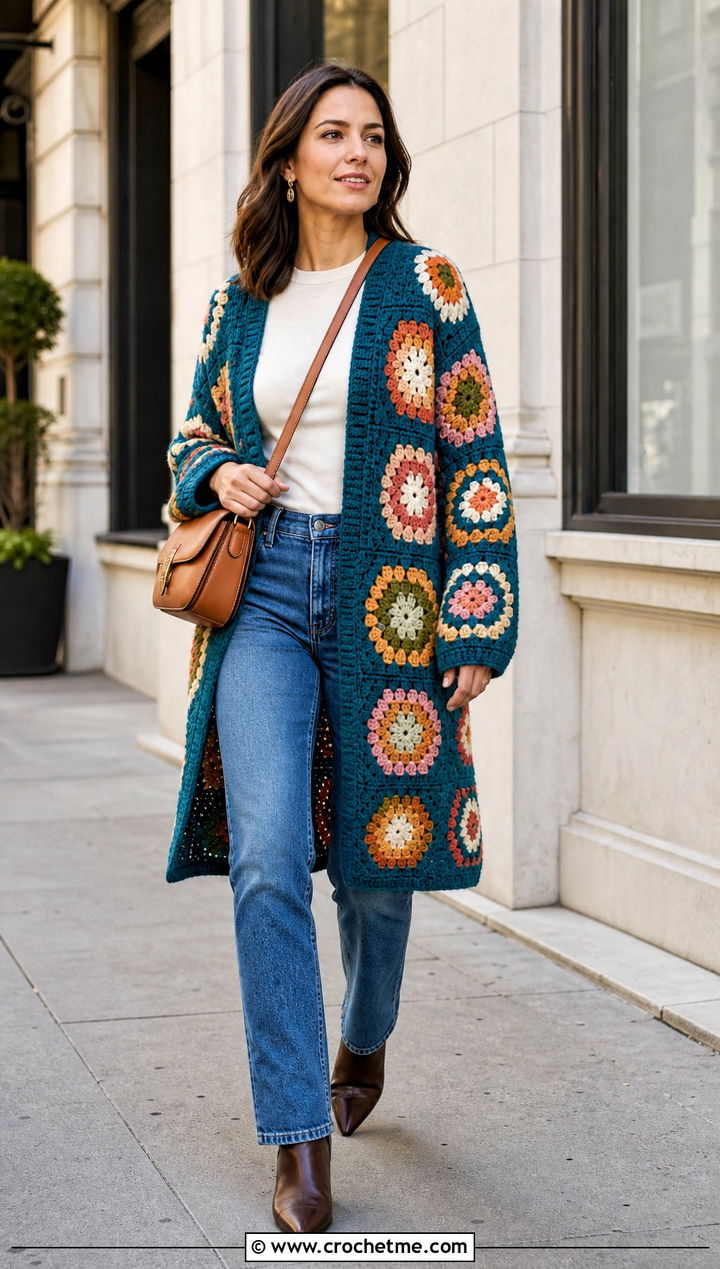 Longline Granny Hexagon Cardigan With Straight Leg Jeans - 35 granny square hexagon cardigan outfit ideas
