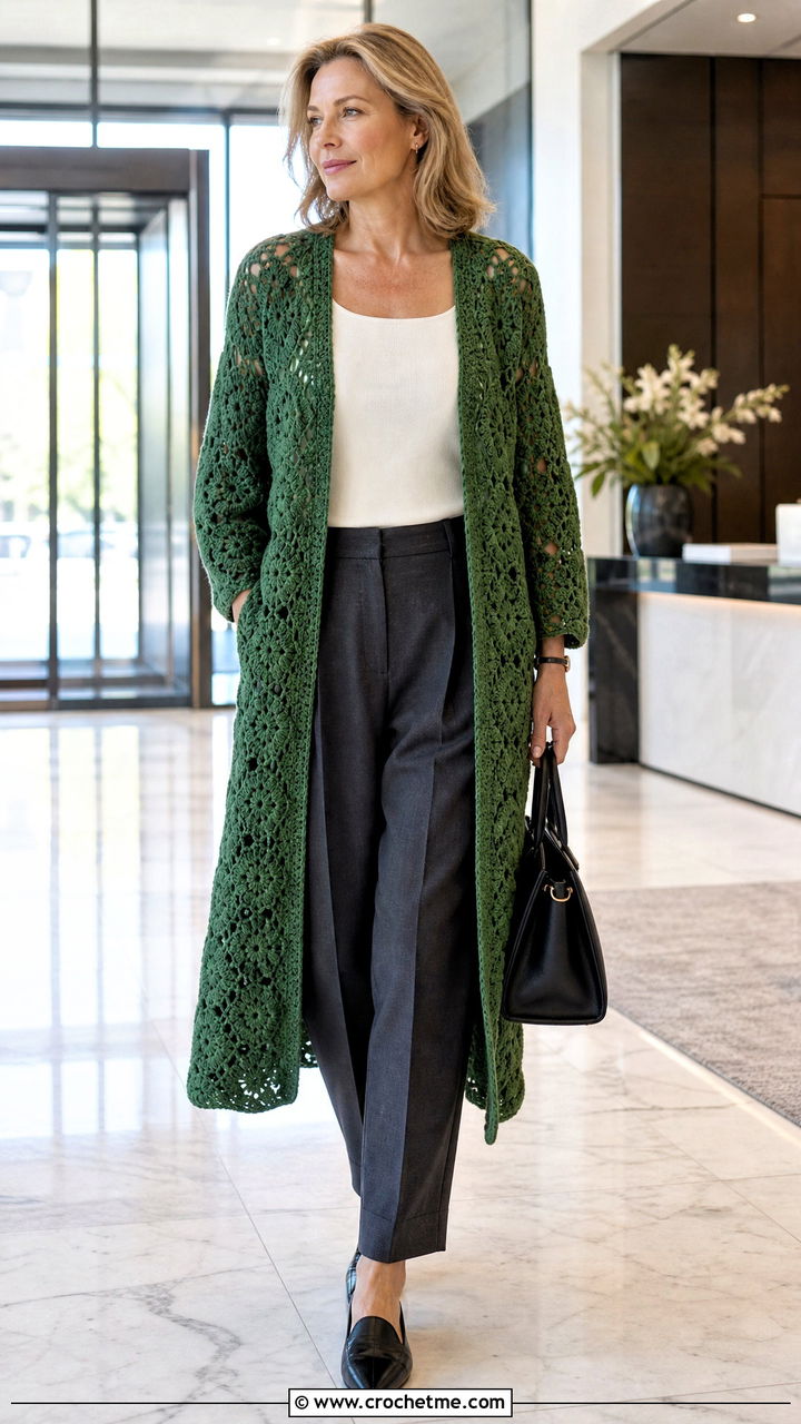 Longline Granny Hexi Cardi With Tailored Trousers - 35 crochet hexi cardi outfit ideas