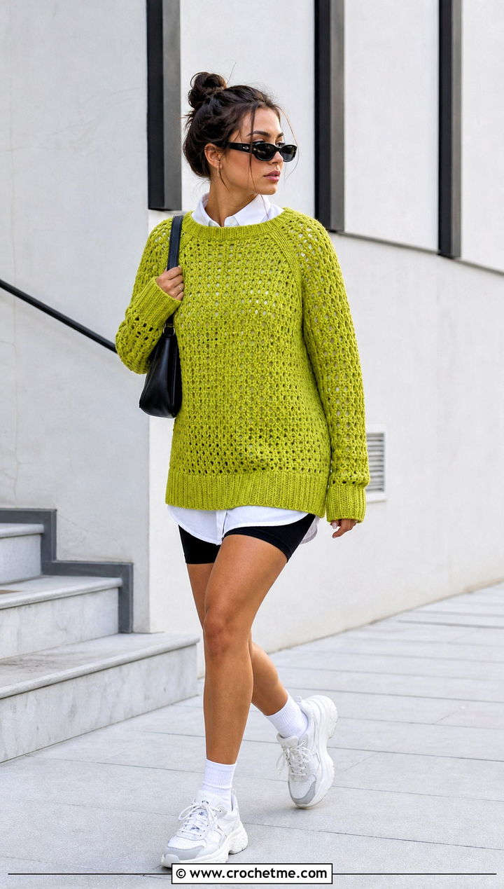 Longline Granny Raglan Sweater With Shirt And Biker Shorts - 20 Crochet Granny Raglan Sweater outfit ideas