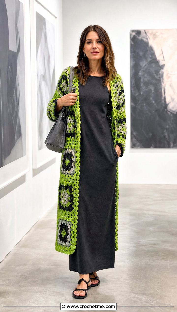Longline Granny Shrug With Column Maxi Dress - 25 Crochet Granny Shrug outfit ideas