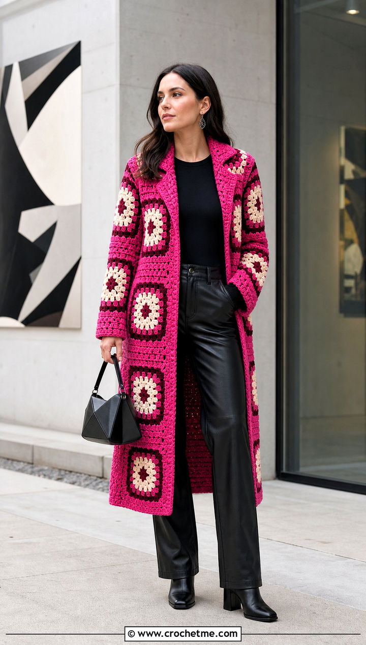 Longline Granny Square Car Coat With Leather Pants - 15 Granny Square Car Coat outfit ideas