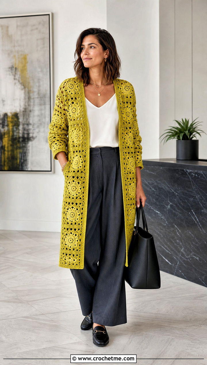 Longline Granny Square Cardigan Jacket With Tailored Trousers - 35 granny square crochet cardigan jacket outfit ideas