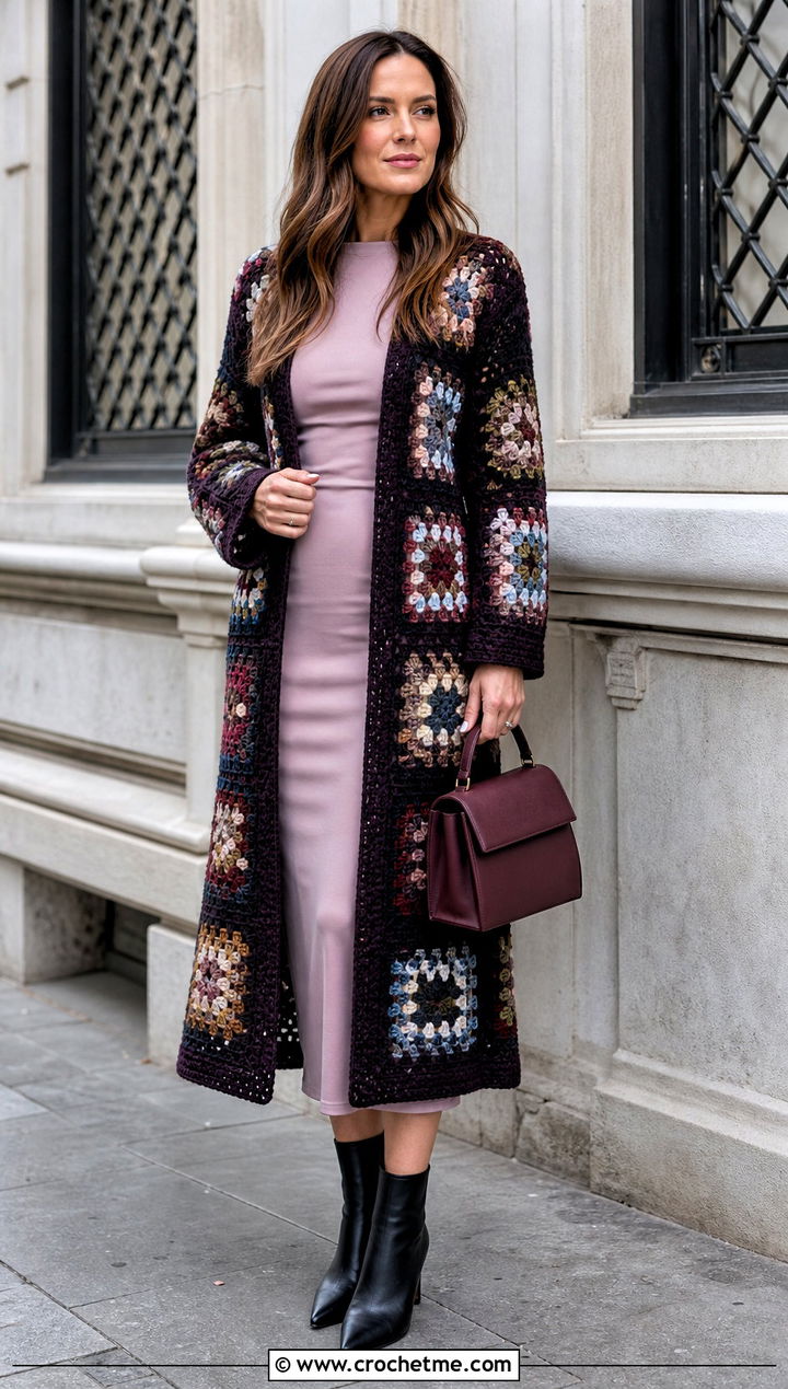 Longline Granny Square Cardigan Sweater With Column Dress - 30 easy granny square sweater outfit ideas