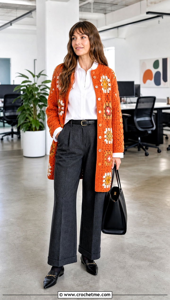 Longline Granny Square Cardigan With A White Shirt And Trousers - 20 boho granny square cardigan outfit ideas