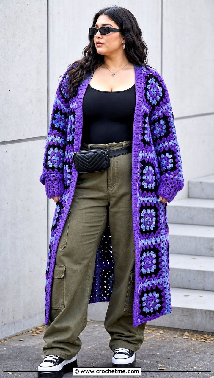 Longline Granny Square Cardigan With Cargo Pants - 30 plus size crochet granny square cardigan outfit ideas