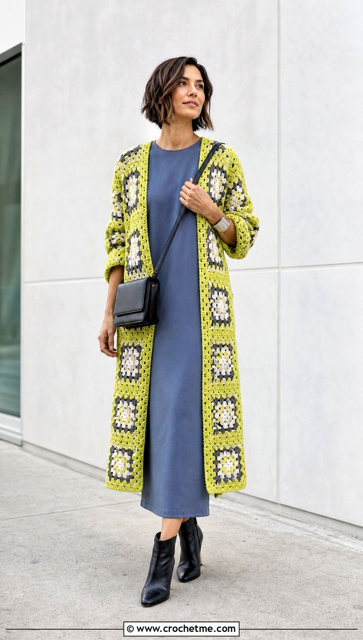 Longline Granny Square Cardigan With Column Dress - 30 crochet sweater with granny squares outfit ideas