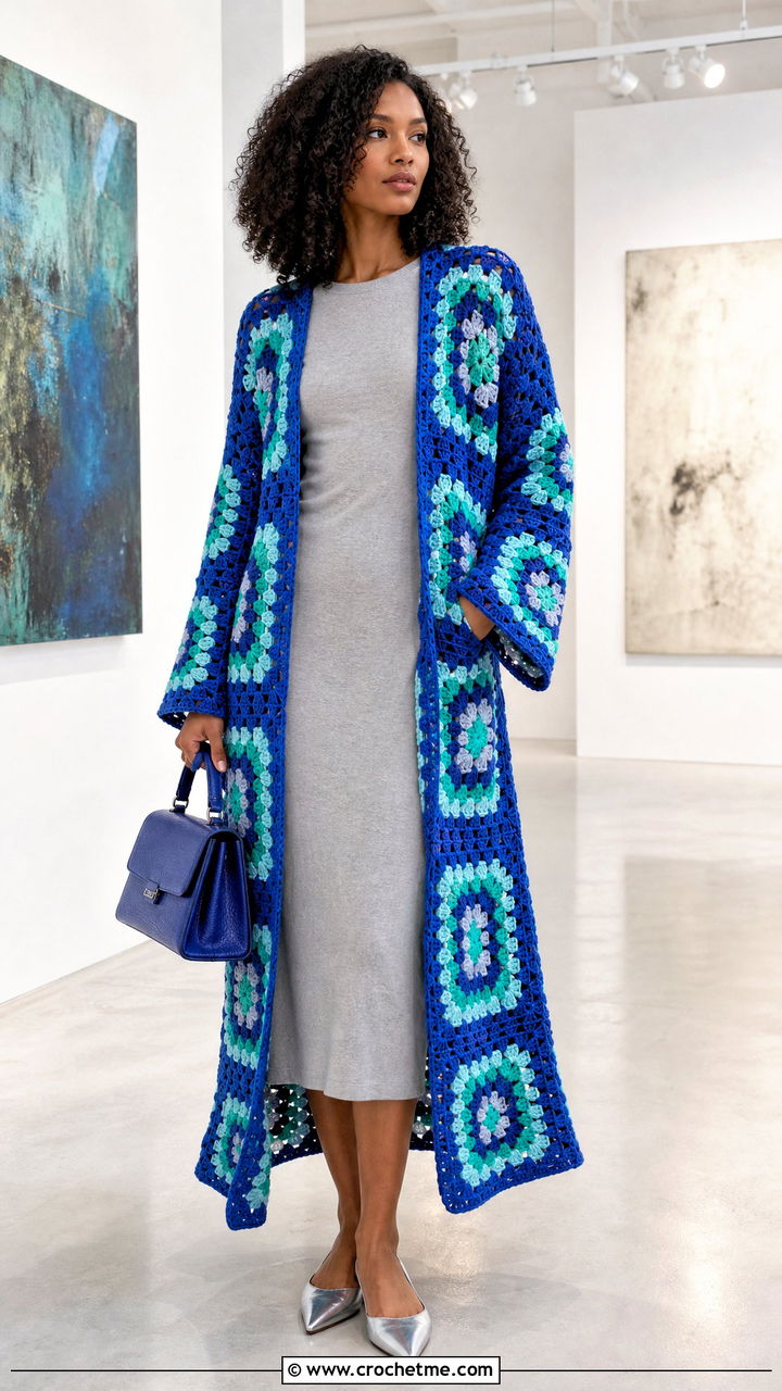 Longline Granny Square Cardigan With Column Dress - 35 crochet granny square cardigan outfit ideas