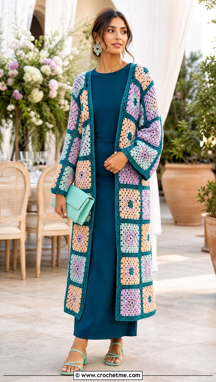 Longline Granny Square Cardigan With Column Dress - 25 pastel granny square cardigan outfit ideas