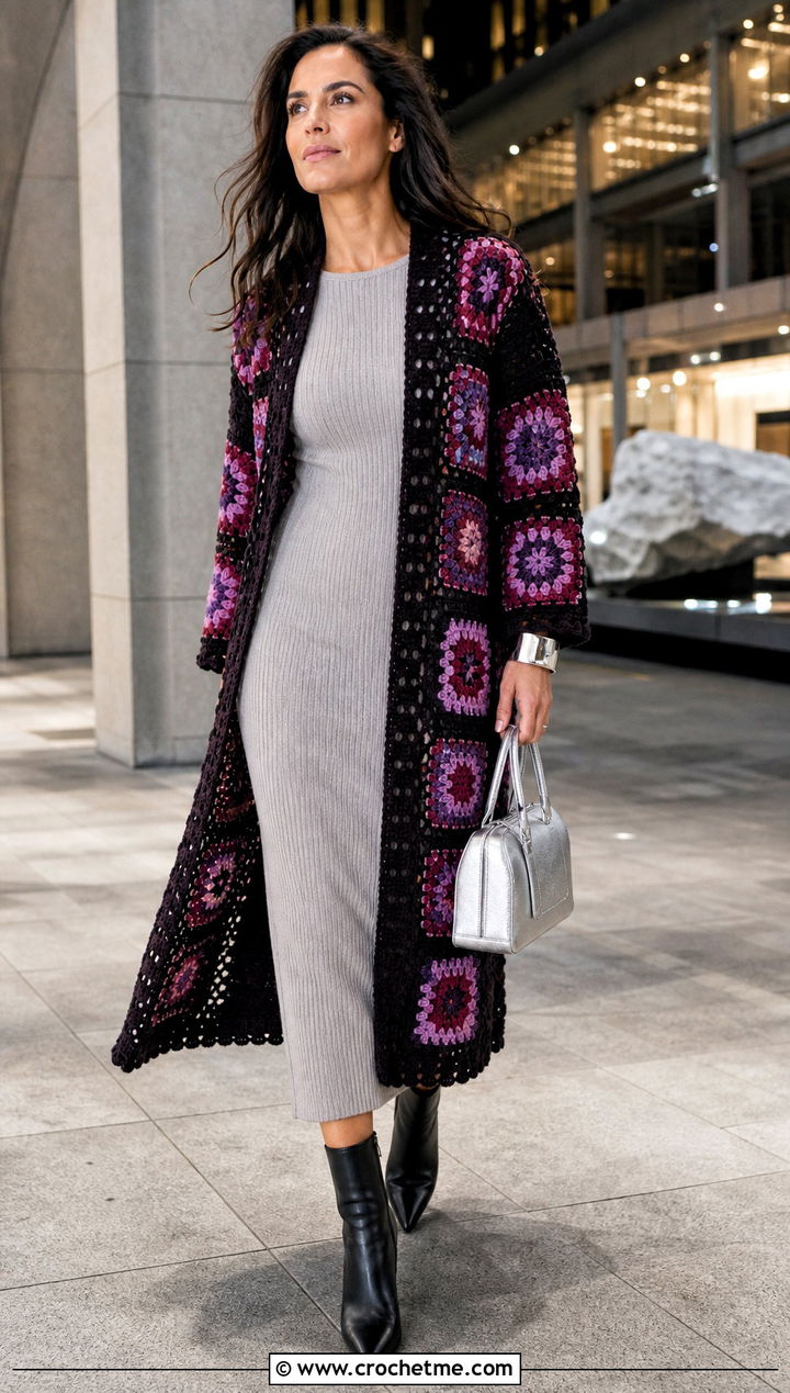 Longline Granny Square Cardigan With Column Dress - 25 Two Granny Square Cardigan outfit ideas