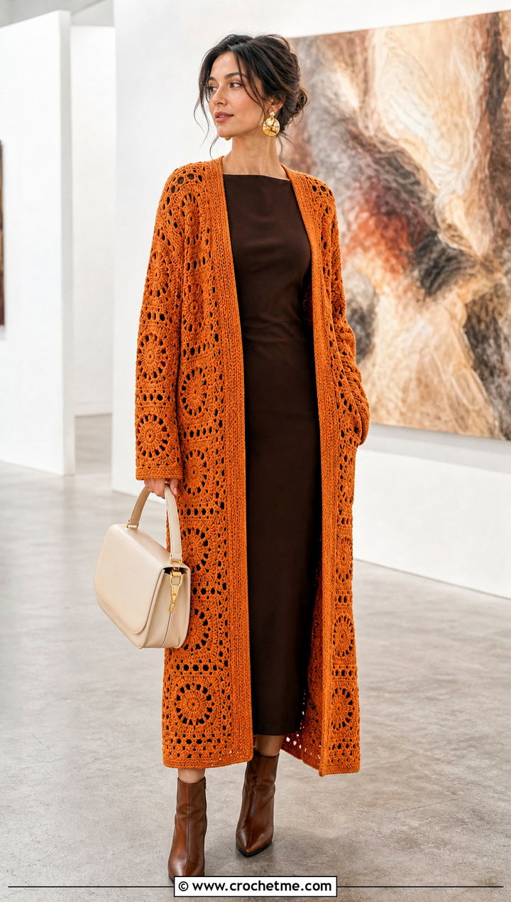 Longline Granny Square Cardigan With Column Dress - 30 crochet granny squares cardigan outfit ideas