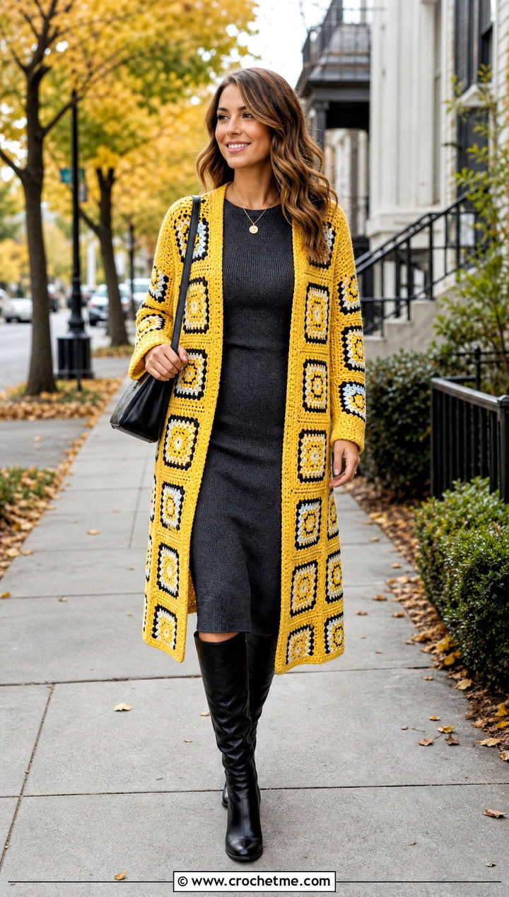 Longline Granny Square Cardigan With Knit Dress - 20 Crochet Fall Granny Square Cardigan outfit ideas