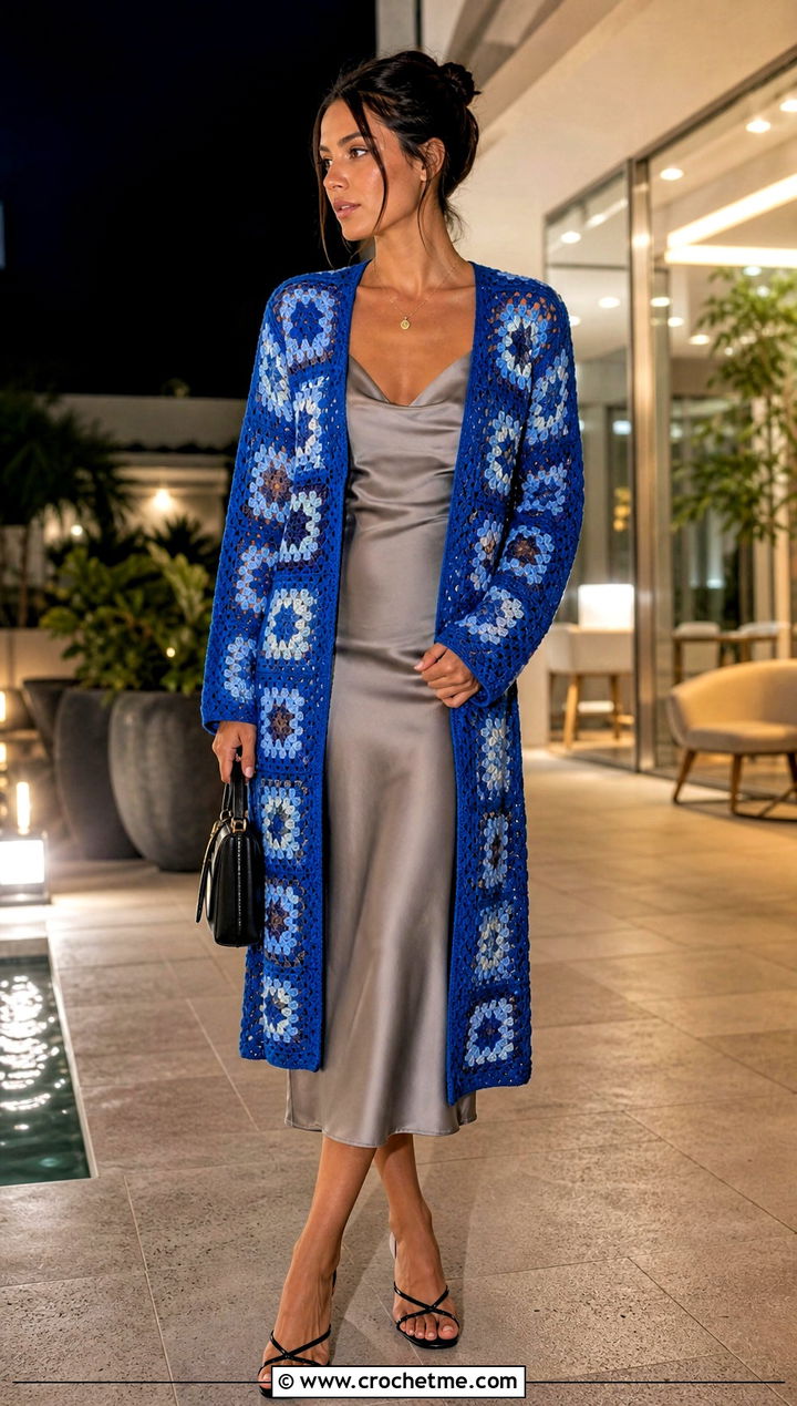 Longline Granny Square Cardigan With Slip Dress - 35 Easy Simple Crochet Granny Square Cardigan outfit ideas
