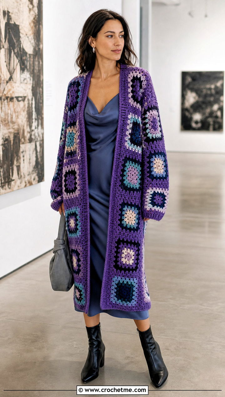 Longline Granny Square Cardigan With Slip Dress - 25 One Granny Square Cardigan outfit ideas