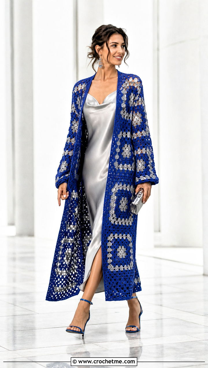 Longline Granny Square Cardigan With Slip Dress - 30 granny squares cardigan outfit ideas