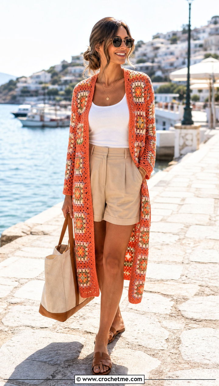 Longline Granny Square Cardigan With Tailored Shorts - 25 granny crochet sweater outfit ideas