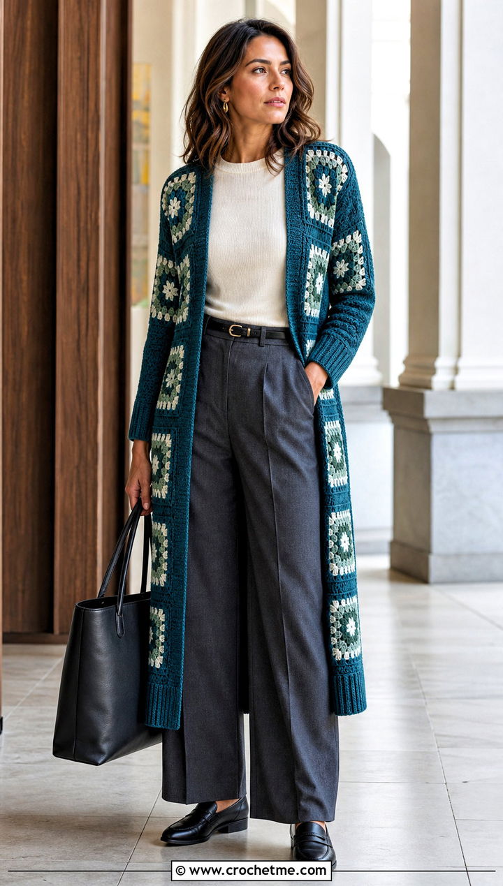 Longline Granny Square Cardigan With Tailored Trousers - 25 For Granny Square Cardigan outfit ideas