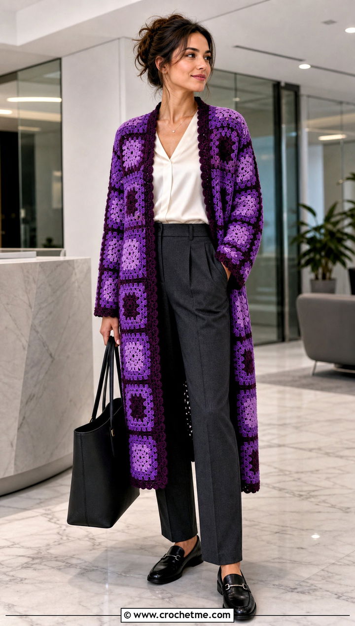 Longline Granny Square Cardigan With Tailored Trousers - 30 cardigan with granny square outfit ideas