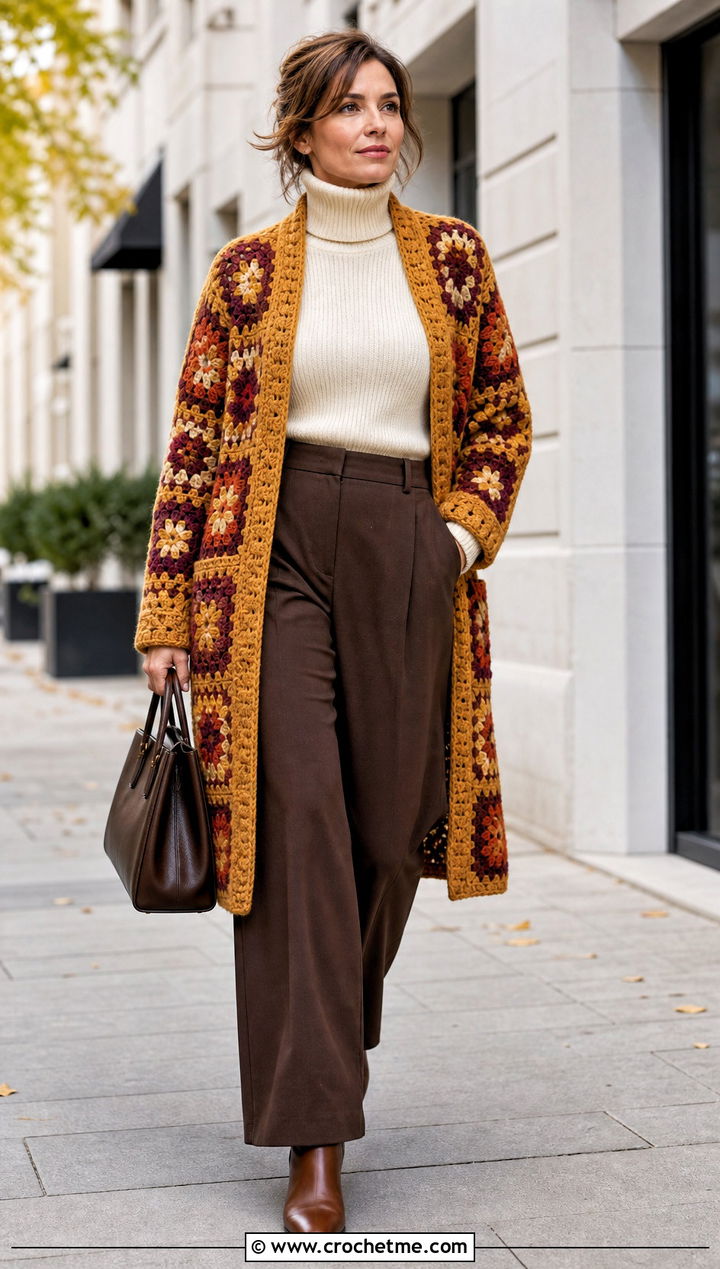 Longline Granny Square Cardigan With Turtleneck And Wool Trousers - 15 Everyday Granny Square Cardigan outfit ideas