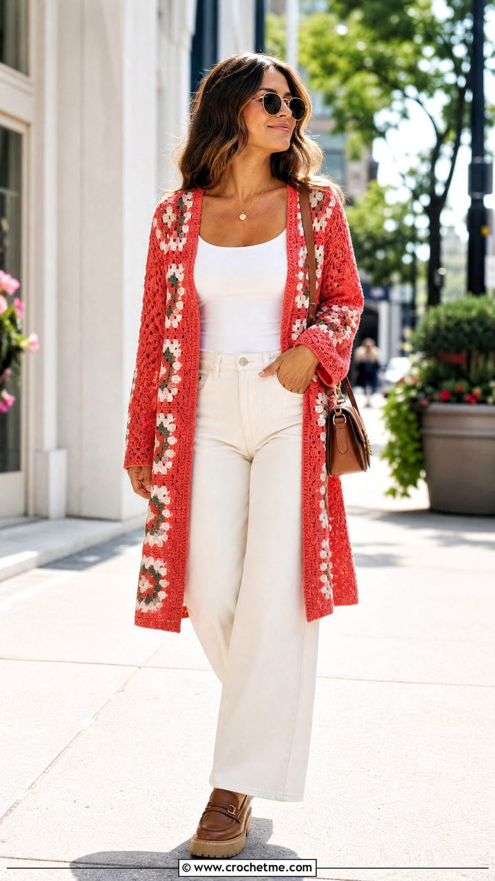 Longline Granny Square Cardigan With Wide Leg Jeans - 35 granny square sweater outfit ideas