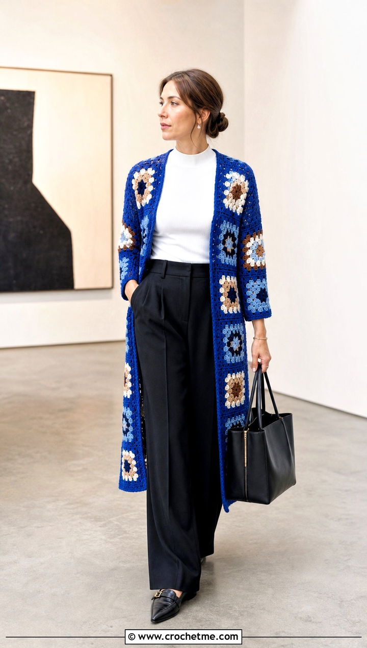Longline Granny Square Cardigan With Wide Leg Trousers - 15 Womens Granny Square Cardigan outfit ideas