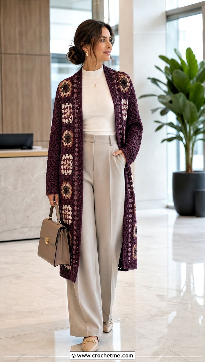 Longline Granny Square Cardigan With Wide Leg Trousers - 15 originally lovely granny square cardigan outfit ideas