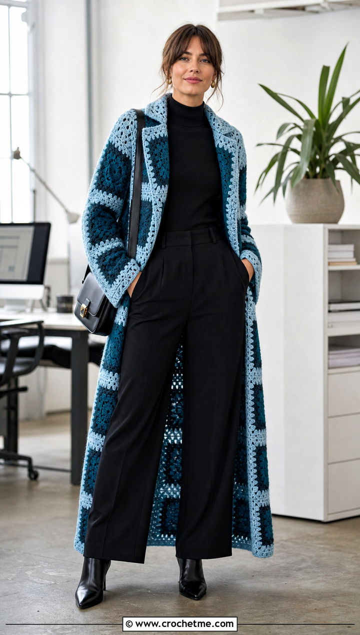 Longline Granny Square Coat With Black Wide Leg Pants - 30 crochet granny square coat outfit ideas