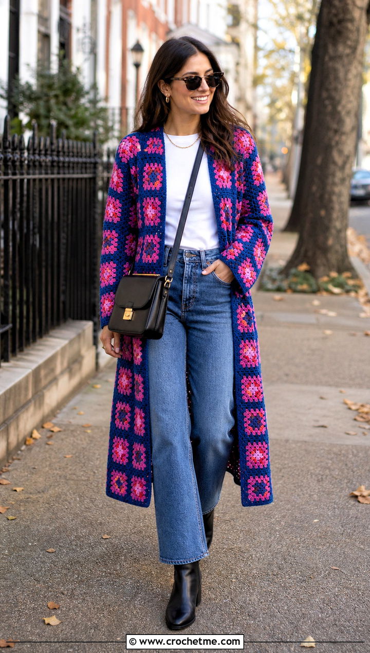 Longline Granny Square Coat With Straight Leg Jeans - 30 granny square coat outfit ideas