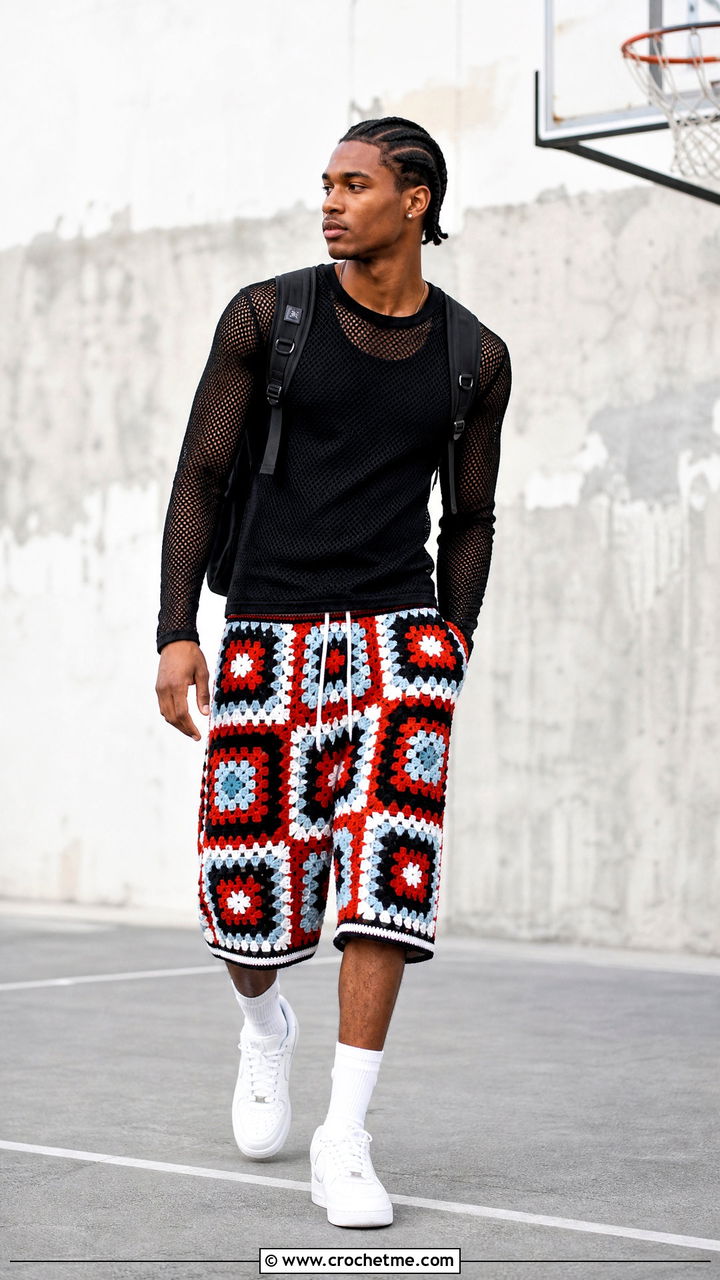Longline Granny Square Crochet Basketball Shorts With Mesh Top - 35 granny square crochet shorts outfit ideas