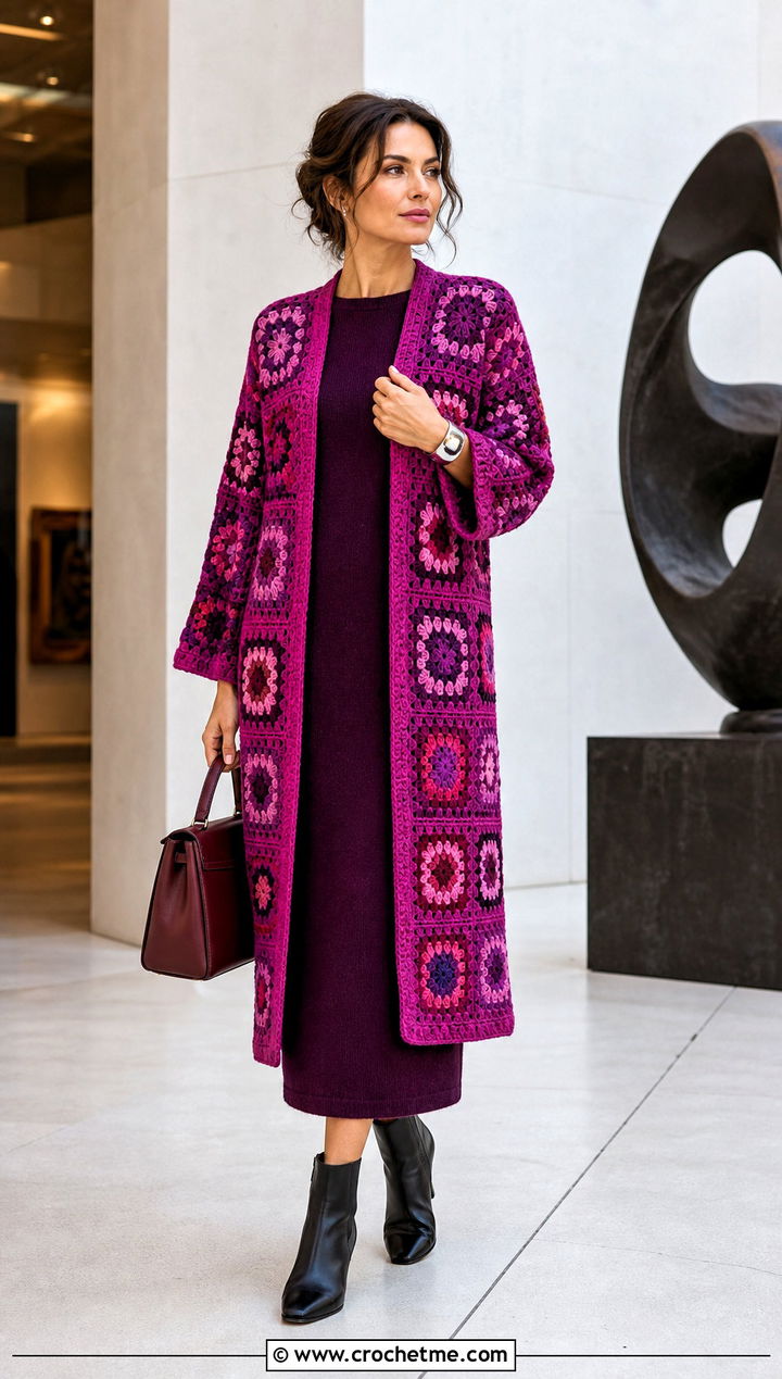 Longline Granny Square Crochet Cardigan With Column Dress - 25 Crochet Cardigan From Square outfit ideas