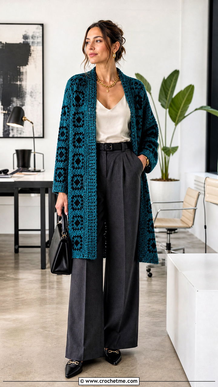 Longline Granny Square Crochet Cardigan With Tailored Trousers - 35 granny square crochet cardigan outfit ideas