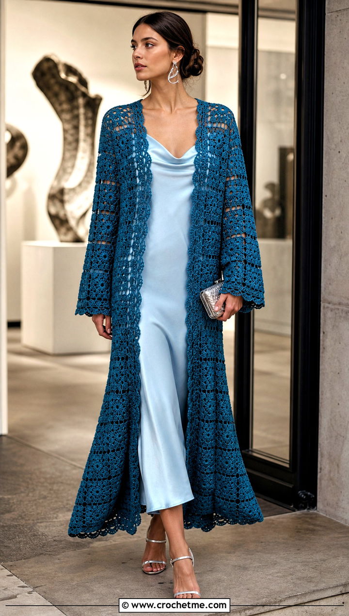 Longline Granny Square Crochet Coat With Satin Slip Dress - 15 Granny Square Crochet Coats & Jackets outfit ideas
