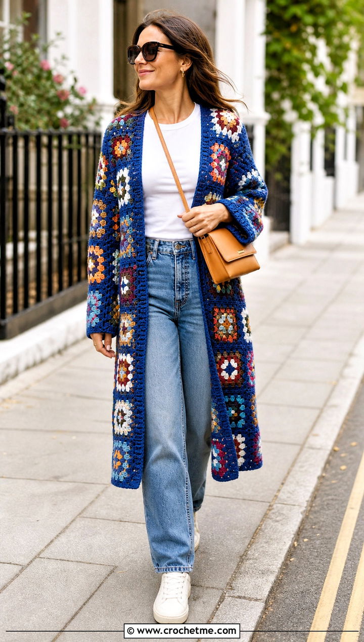 Longline Granny Square Crochet Coat With Straight Leg Jeans - 25 Granny Square Crochet Coat outfit ideas