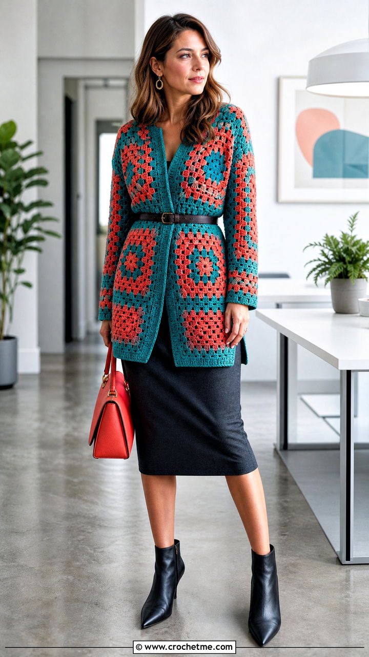 Longline Granny Square Crochet Sweater With Pencil Skirt - 35 granny square crochet sweater outfit ideas