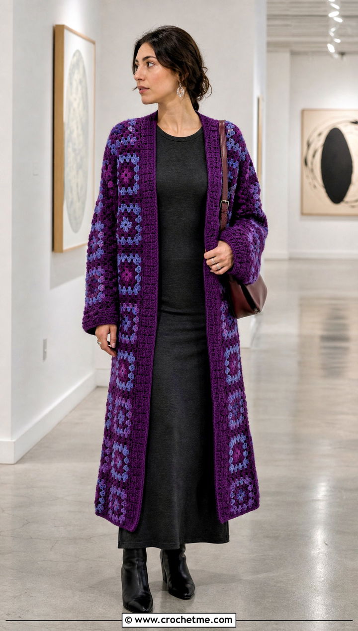 Longline Granny Square Duster Cardigan With Column Dress - 15 Granny Square Cardigan Sweaters & Cardigans outfit ideas