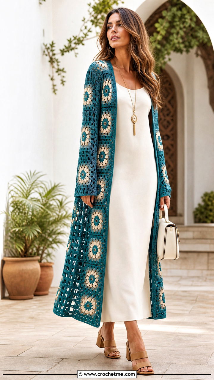 Longline Granny Square Duster Cardigan With Column Dress - 35 granny square clothes and outfit ideas