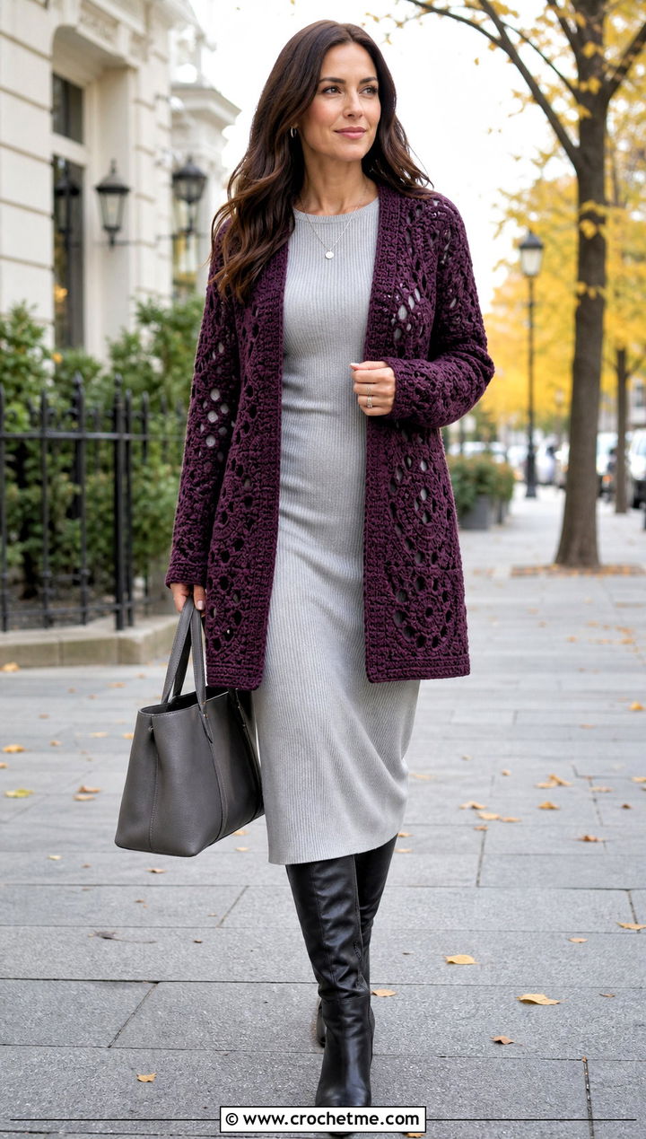 Longline Granny Square Hexagon Crochet Cardigan With Knit Dress - 20 Hexagon Crochet Cardigan With Granny Squares outfit ideas