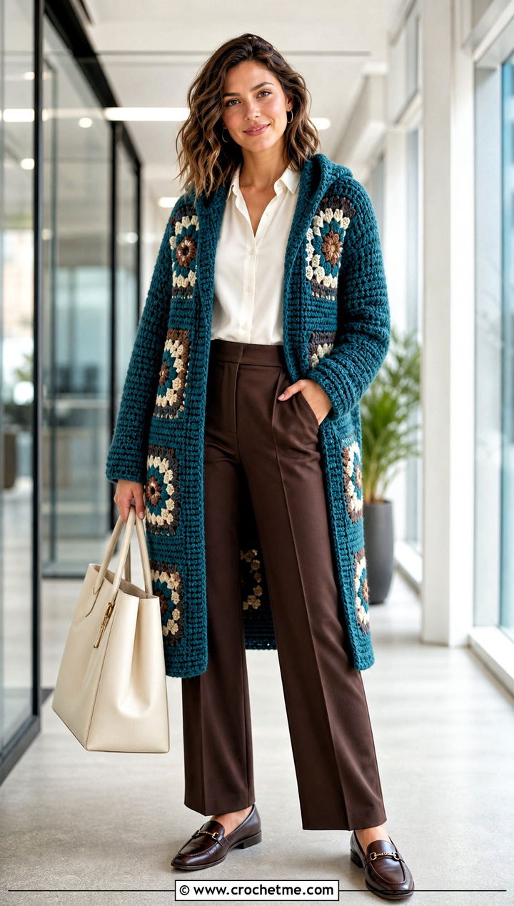 Longline Granny Square Hooded Cardigan With Tailored Trousers - 25 Granny Square Hooded Cardigan outfit ideas
