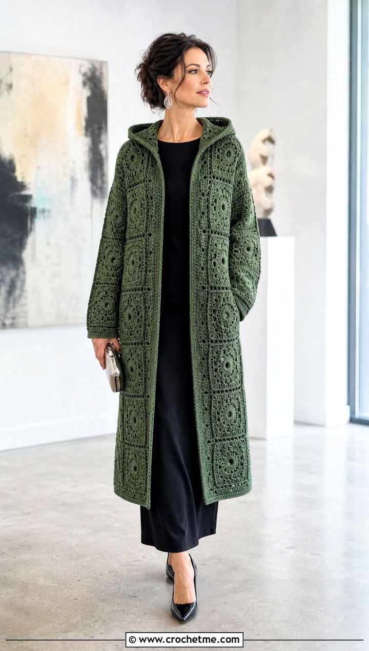 Longline Granny Square Hooded Jacket With Column Dress - 25 Granny Square Hooded Jacket outfit ideas