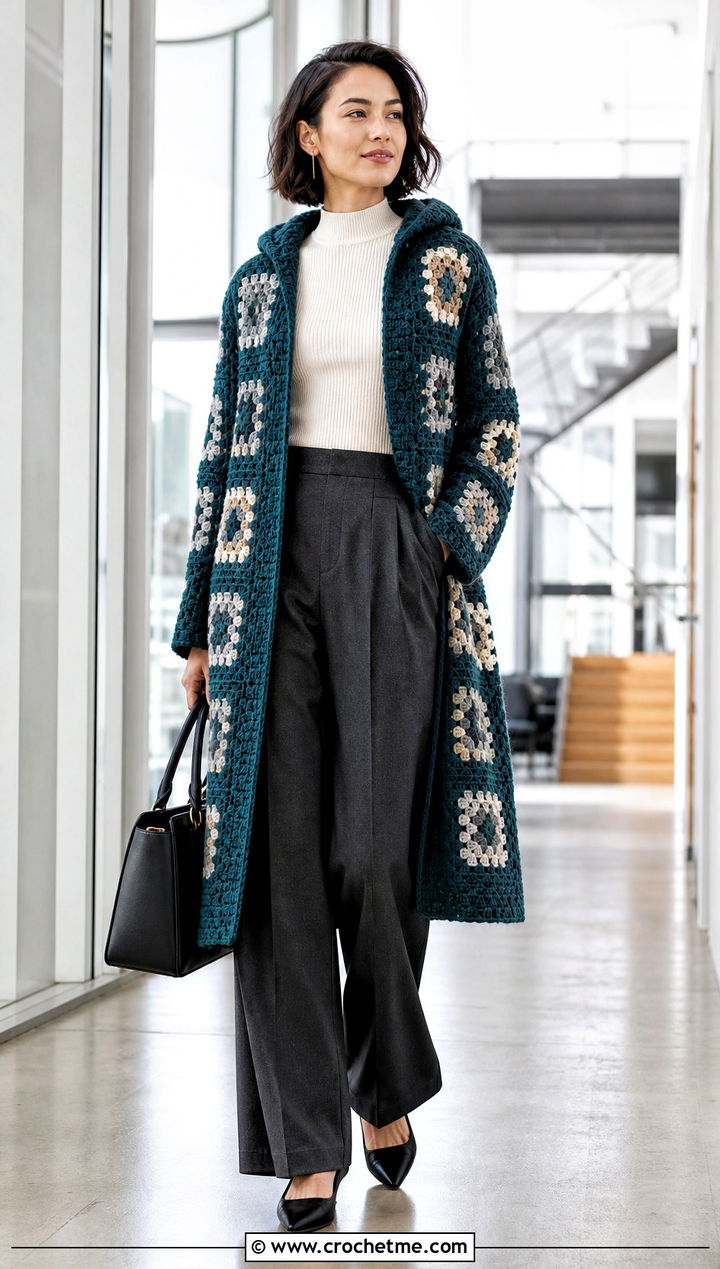 Longline Granny Square Hooded Jacket With Wide Leg Trousers - 25 Granny Square Hooded Jacket outfit ideas