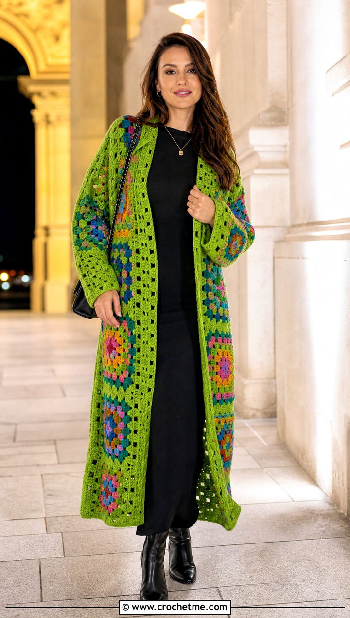 Longline Granny Square Jacket With Column Dress - 30 granny square jackets outfit ideas