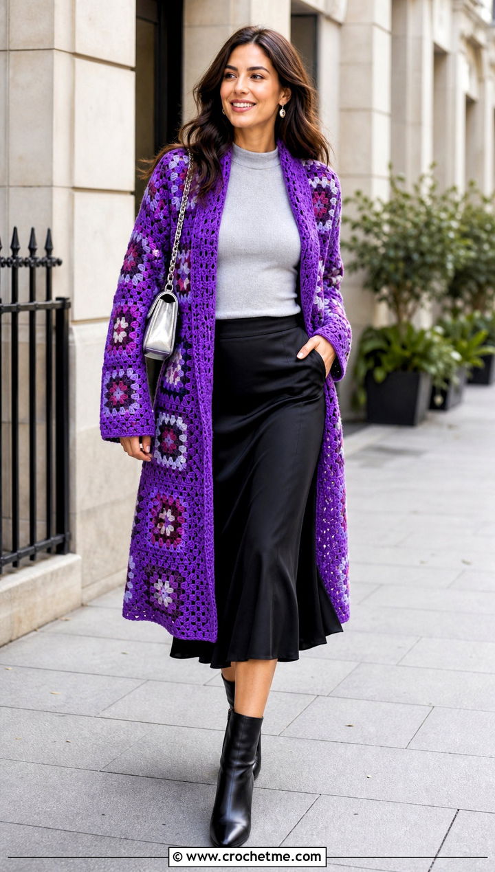 Longline Granny Square Jacket With Midi Skirt - 30 crochet granny square jacket outfit ideas
