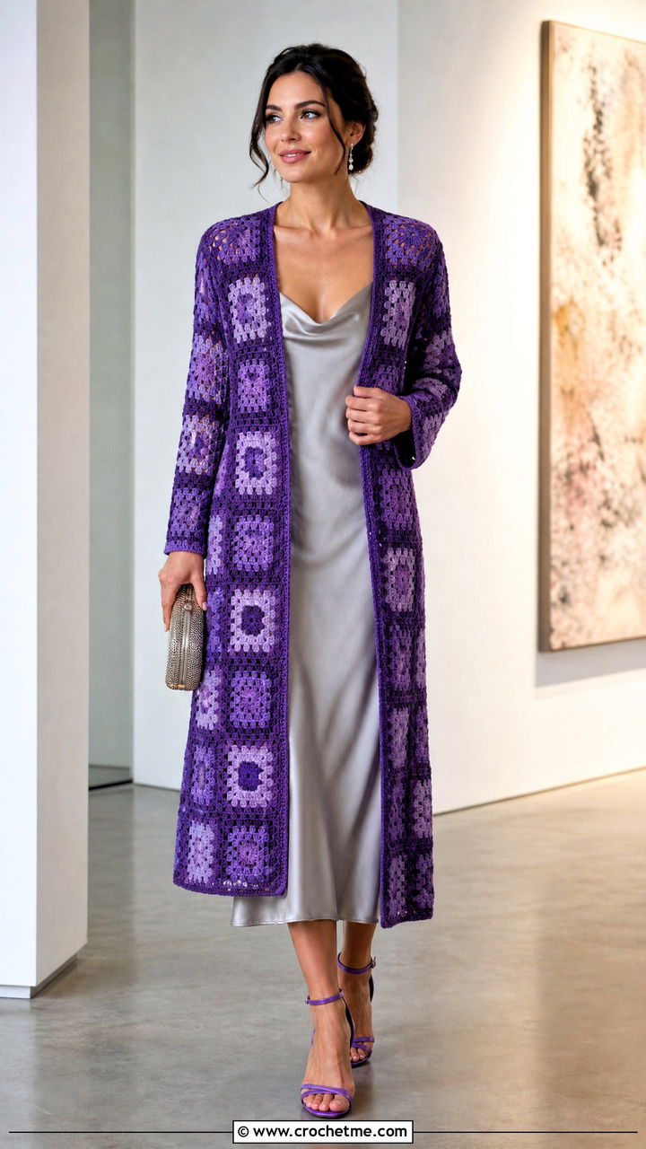 Longline Granny Square Jacket With Slip Dress - 35 granny square jacket outfit ideas