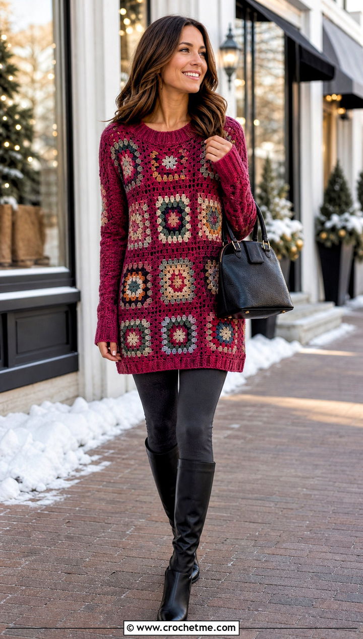 Longline Granny Square Jumper With Leggings And Knee High Boots - 35 granny square jumper outfit ideas