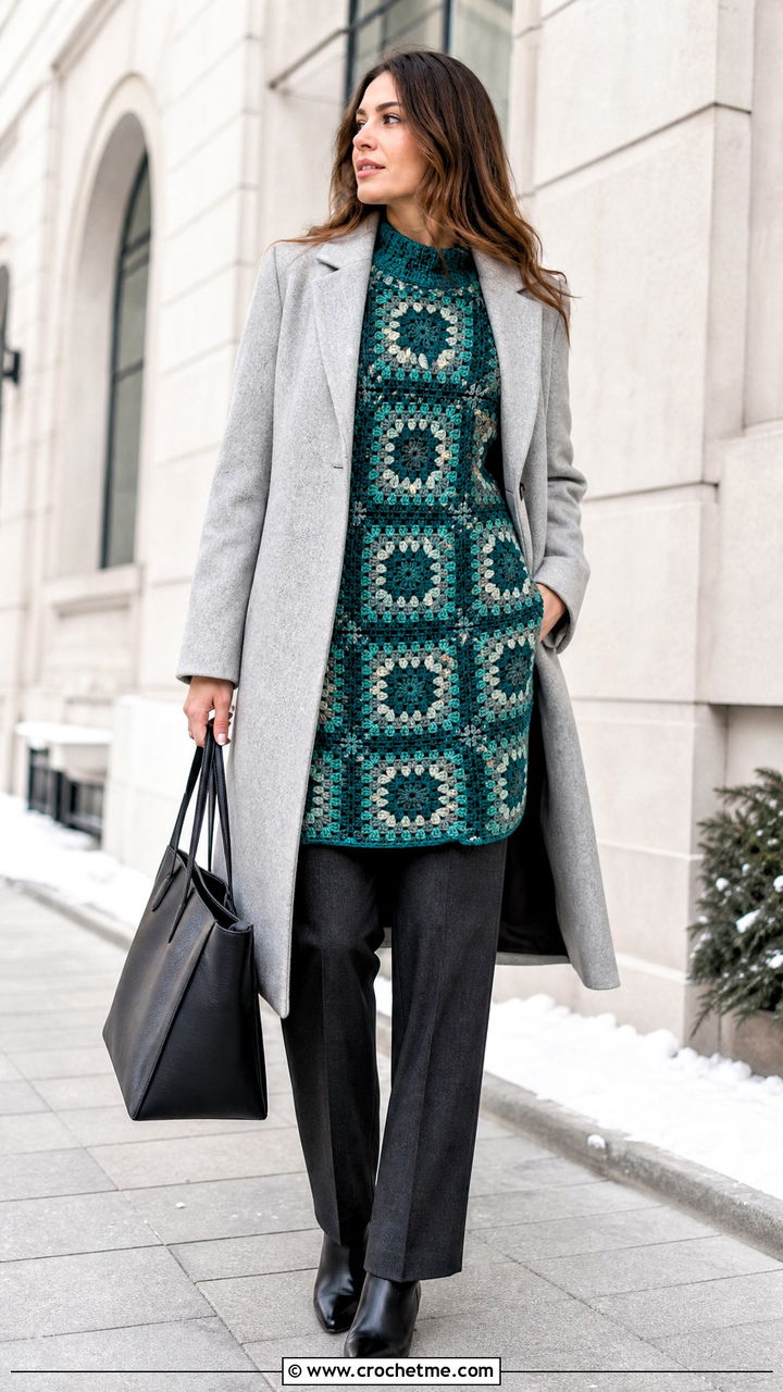 Longline Granny Square Jumper With Wool Trousers And Coat - 35 crochet granny square jumper outfit ideas