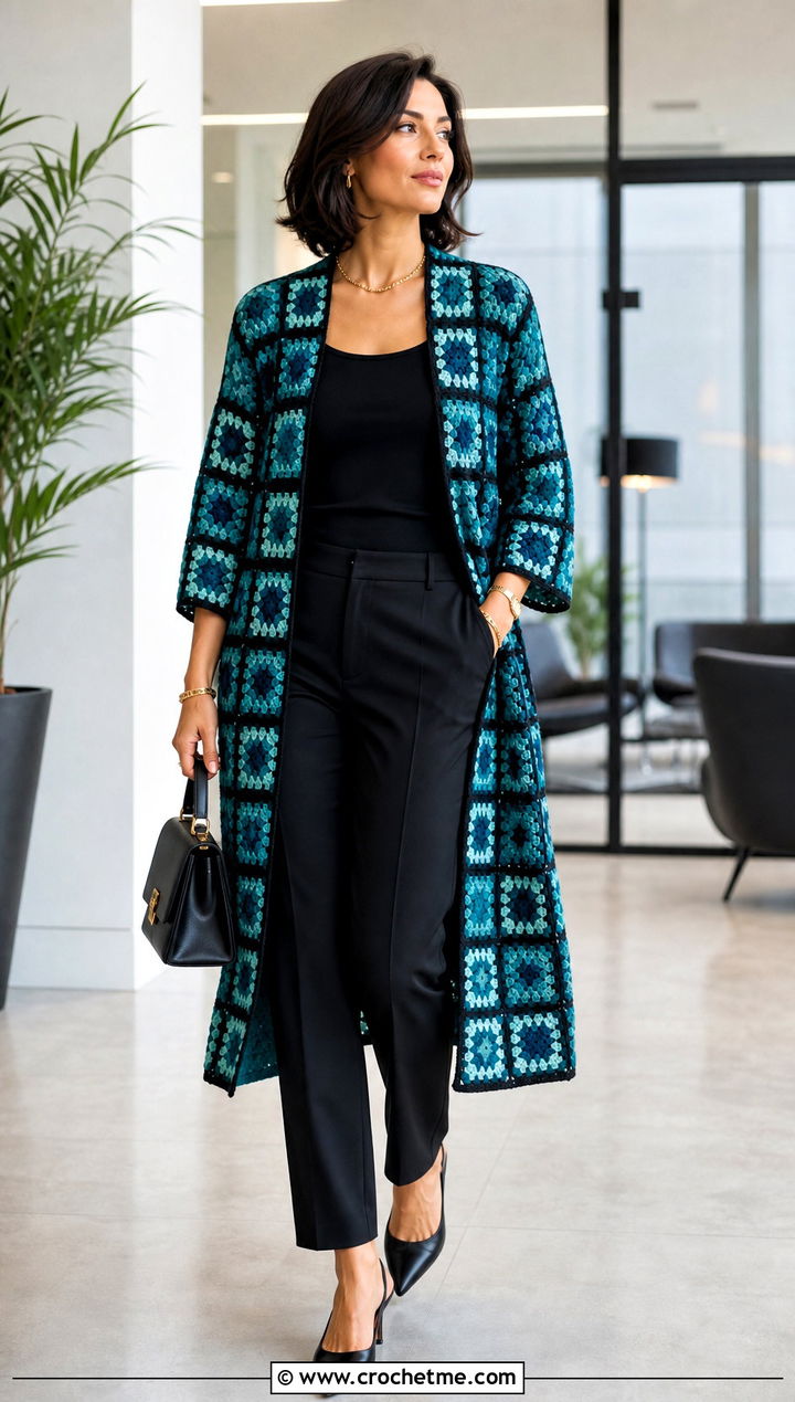 Longline Granny Square Kimono With Black Trousers - 15 crochet granny square kimono outfit ideas