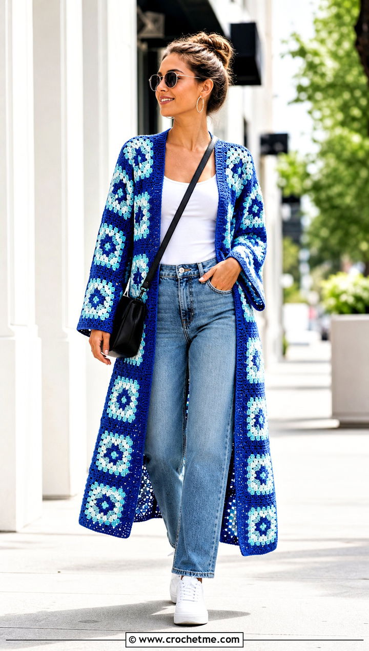 Longline Granny Square Kimono With Tank Top and Jeans - 30 granny square kimono outfit ideas