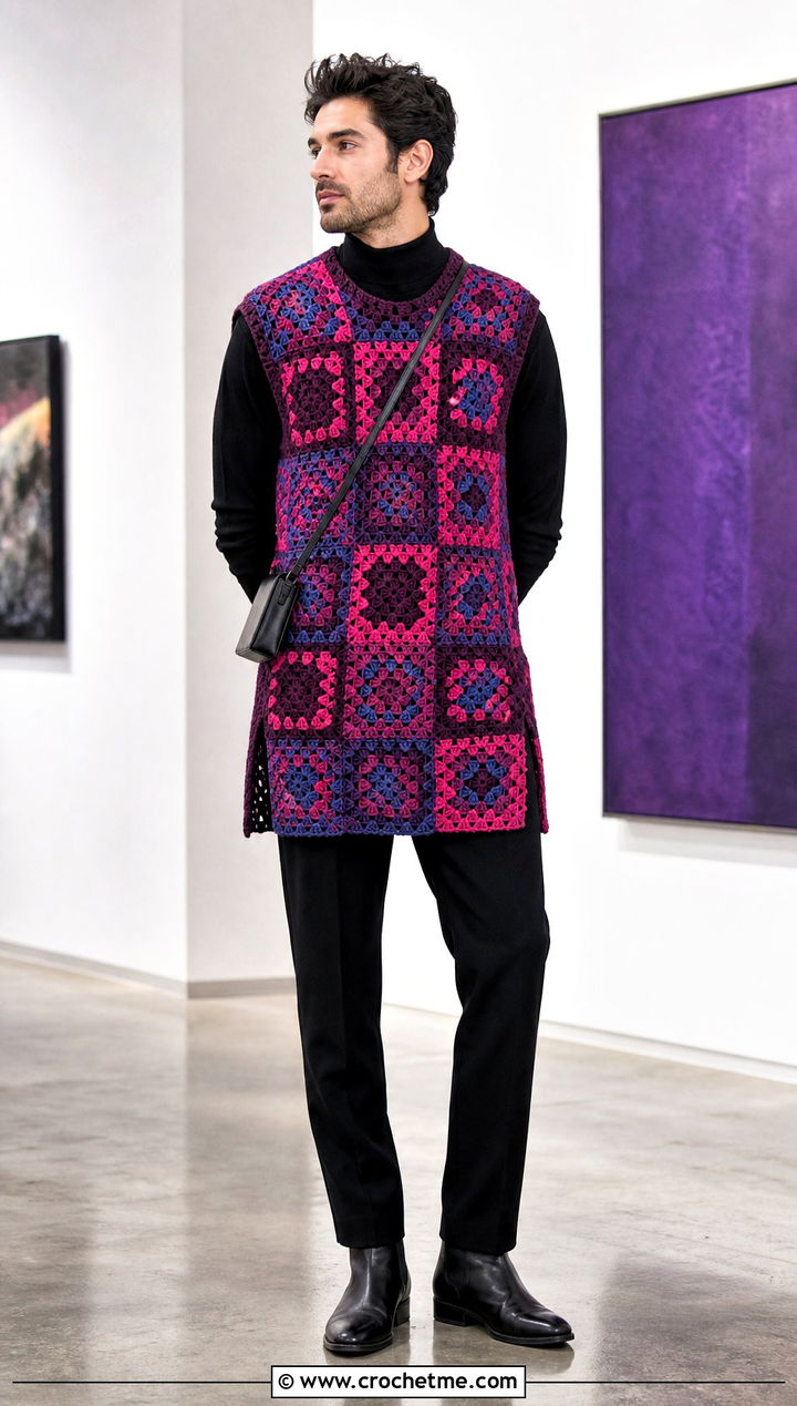 Longline Granny Square Mens Vest With Black Minimalist Outfit - 25 crochet granny square mens vest outfit ideas