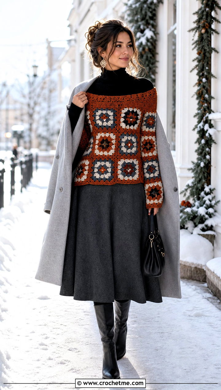 Longline Granny Square Off The Shoulder Top With Wool Midi Skirt - 25 Granny Square Off The Shoulder Top outfit ideas